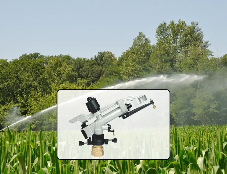 Rain gun spraying over a green field