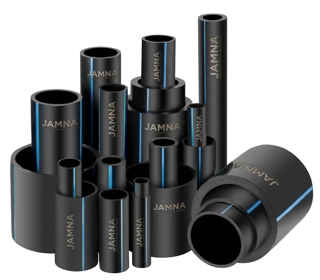 Coils of black HDPE pipe